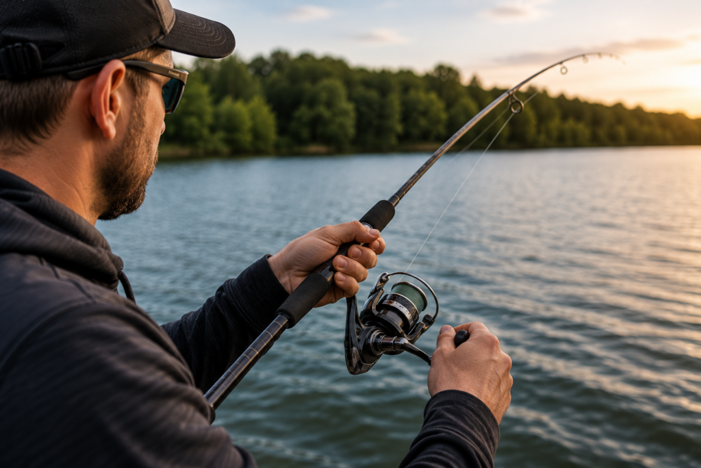 Angler nutzt Angelrolle beim Spinnfischen am Wasser