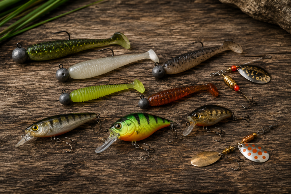 Verschiedene Barschköder wie Gummifische, Wobbler und Spinner auf Holzuntergrund