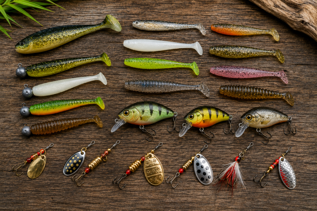 Auswahl verschiedener Barschköder mit Gummifischen, Spinnern und Wobblern