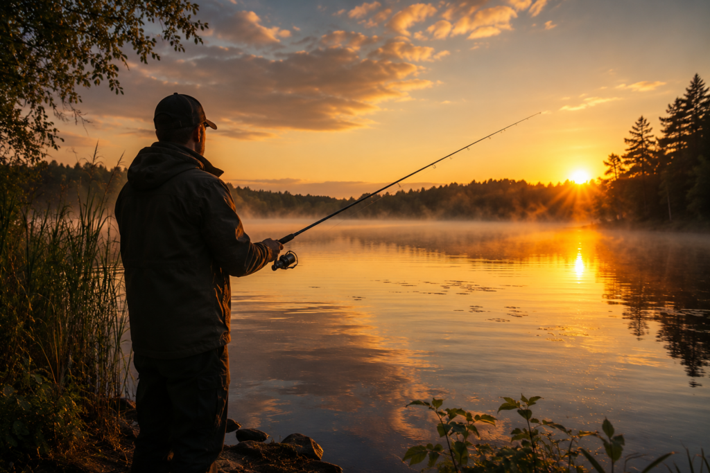 Angler beim Hechtangeln am Seeufer