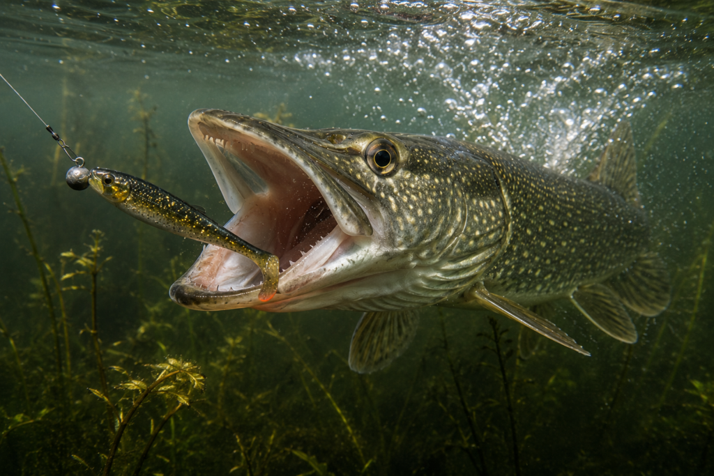 Hecht attackiert Köder unter Wasser