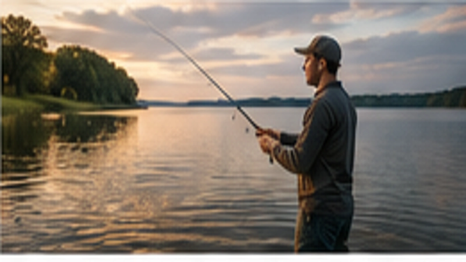 Angler fischt konzentriert bei Sonnenuntergang