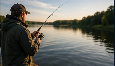 Angler mit Angelrute beim Spinnfischen am See