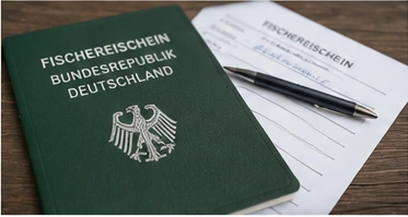 Fischereischein und Unterlagen auf einem Holztisch