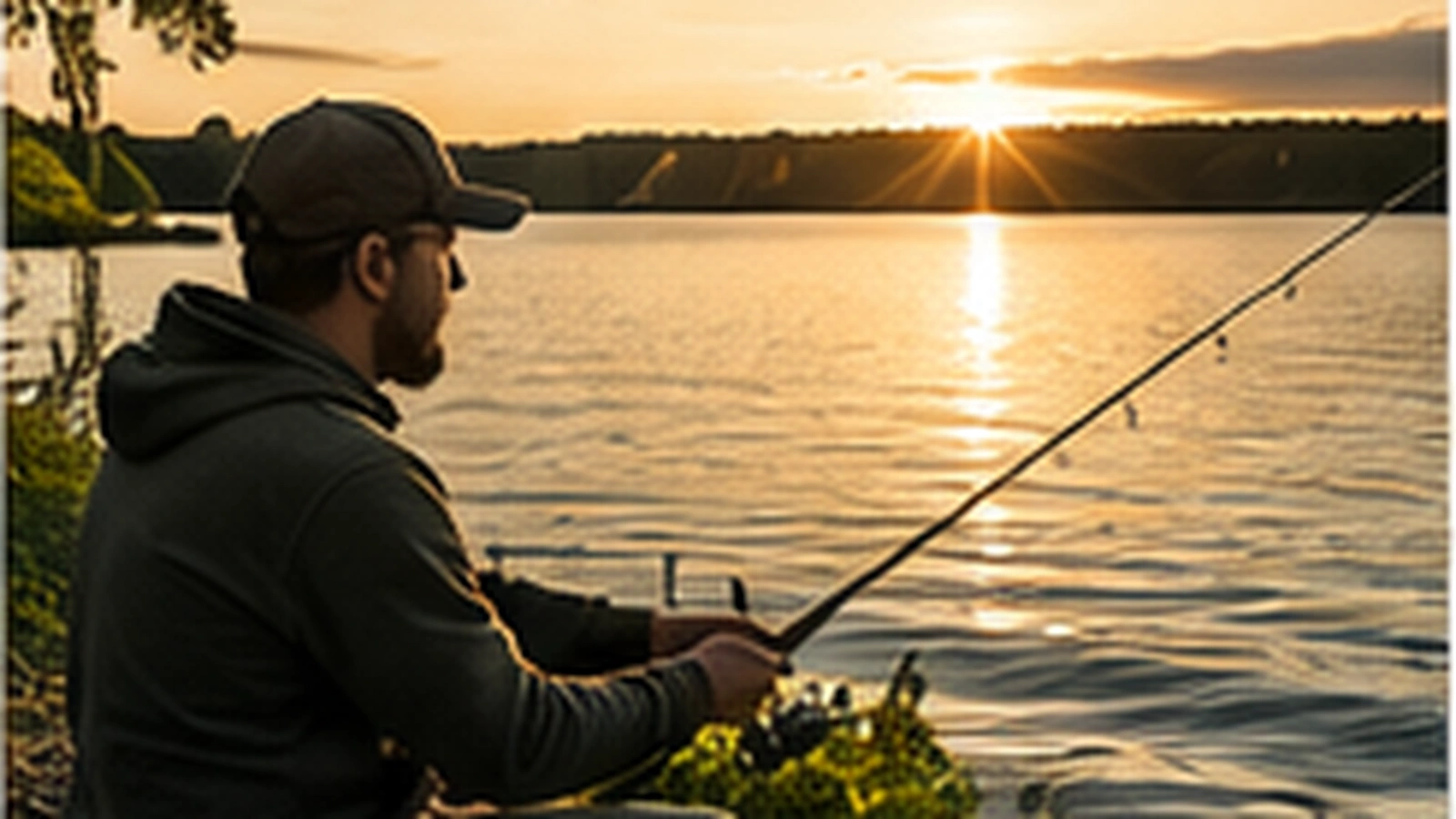 Barschangler am Seeufer bei Sonnenaufgang im Sommer