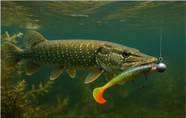 Hecht attackiert einen Gummiköder unter Wasser