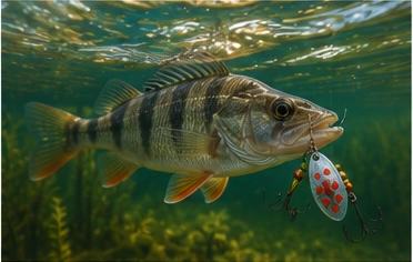 Barsch attackiert Spinner unter Wasser