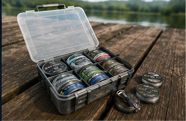 Geöffnete Vorfachbox mit Spulen und Zubehör am See