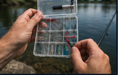 Angler hält Vorfachbox mit sortierten Montagen am Wasser