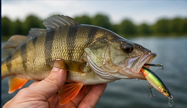 Barsch mit Wobbler am Wasser