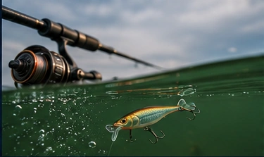Wobbler unter Wasser neben Spinnrute