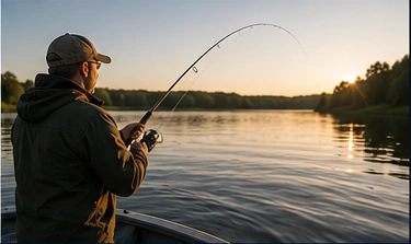 Angler drillt Barsch mit Wobbler bei Sonnenuntergang