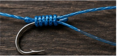 Palomar Knoten an Angelhaken mit blauer Schnur