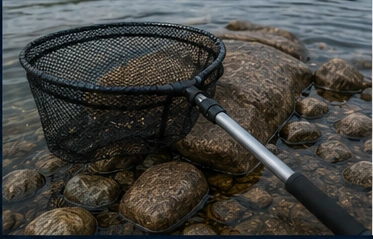 Kescher im flachen Wasser zwischen Steinen
