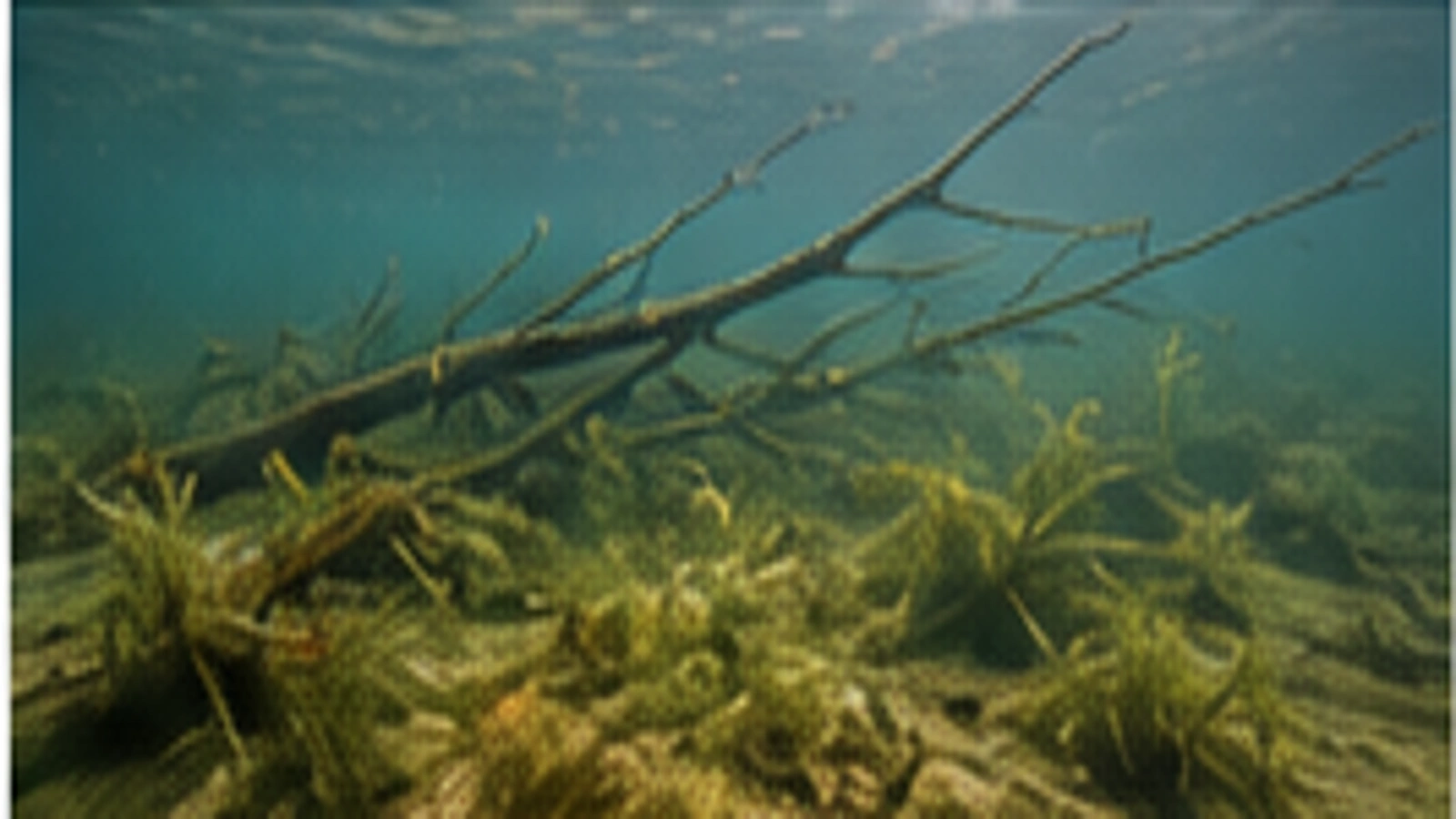 Unterwasserstruktur mit Ästen und Pflanzen