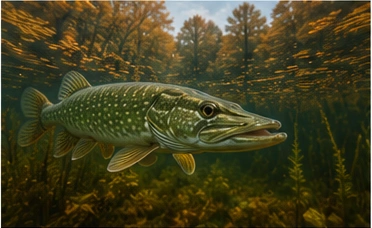 Hecht im Herbstwasser zwischen Wasserpflanzen