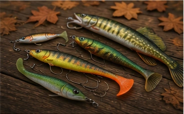 Hechtköder und Gummifische im Herbst auf Holztisch