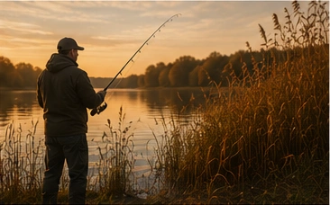 Angler beim Hechtangeln am Schilfrand im Herbst
