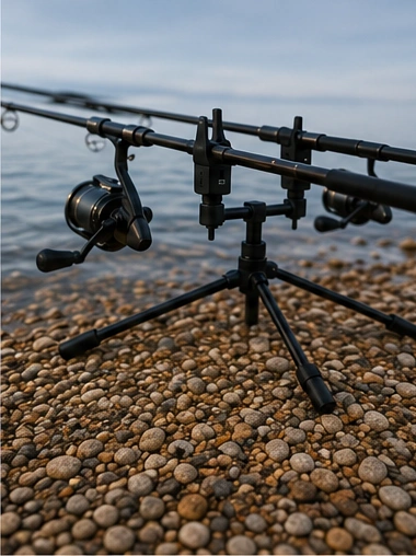 Rod Pod mit Angelruten am Ufer