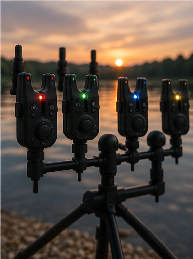 Elektronische Bissanzeiger am Wasser bei Sonnenuntergang