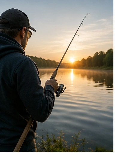 Angler beim Spinnfischen am See bei Sonnenaufgang
