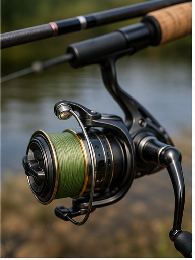 Moderne Spinnrolle mit geflochtener Schnur am See