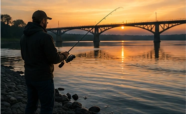 Angler beim Zanderangeln am Fluss bei Sonnenuntergang