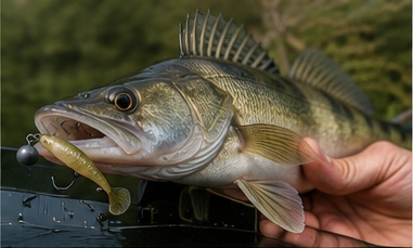 Zander mit Gummiköder am Wasser
